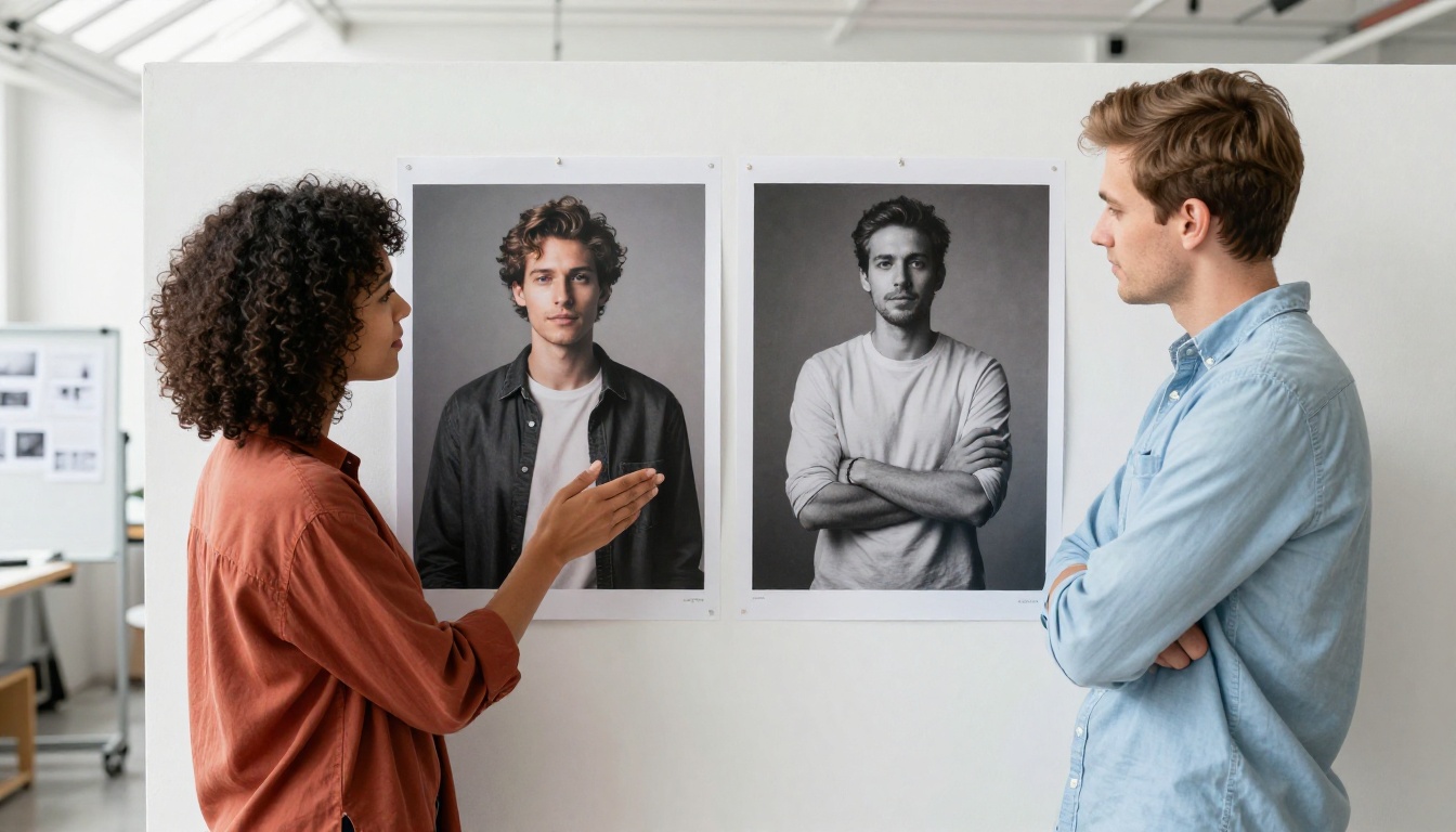 Two creative professionals comparing two large photographic prints pinned to a white wall in a design studio, diffused natural daylight from a skylight, Kodak Portra 400 grain, raw 8K photography
