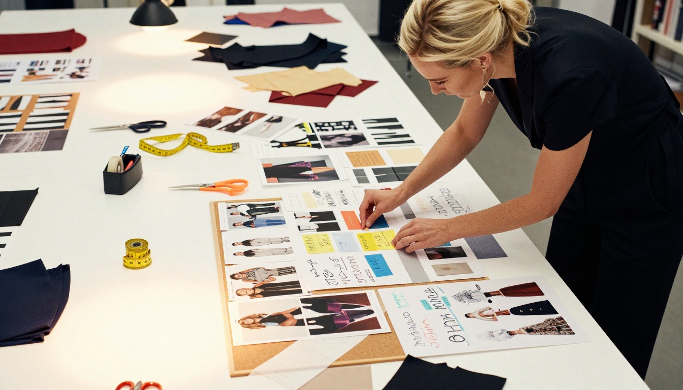 A fashion stylist surrounded by fabric swatches and printed fashion images, creating a mood board in a bright studio, Kodak Ektar 100 grain, raw 8K photography