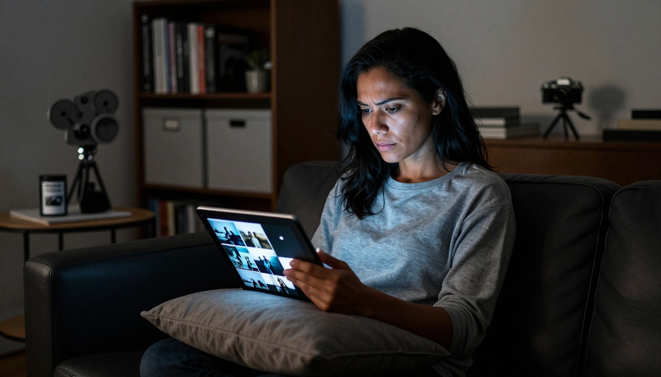 A photojournalist reviewing a grid of photographs on a tablet at night, screen light illuminating her face, Ilford HP5 film grain, moody raw 8K photography