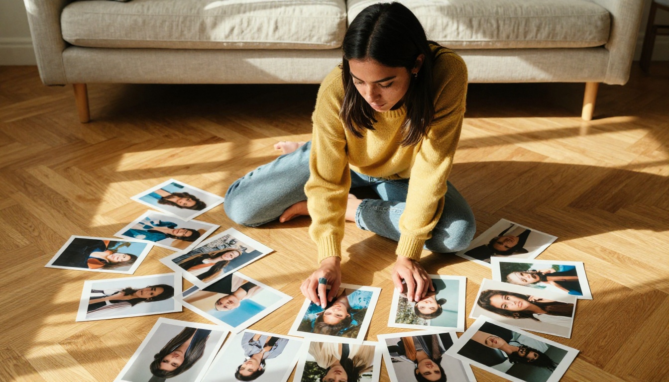 A creative woman sitting on a sunlit living room floor surrounded by scattered printed photographs arranged in groupings, late afternoon golden hour light, Kodak Portra 400 grain, raw 8K photography