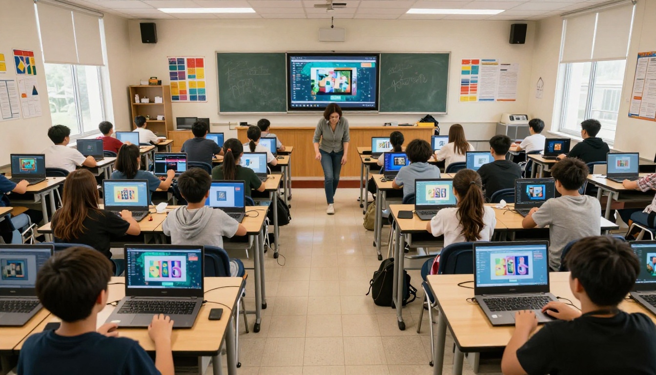 Aerial view of classroom with students working on AI video assignments Aerial view of classroom with students working on AI video assignments
