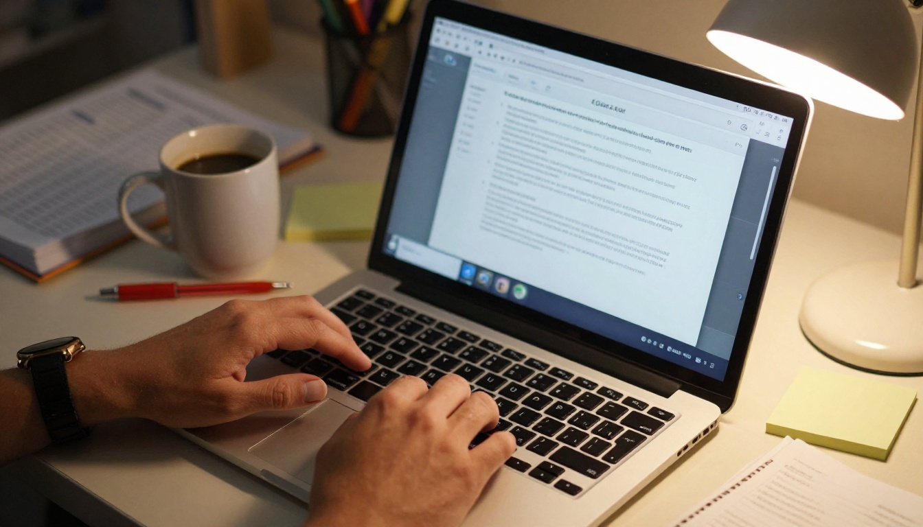 Teacher typing an AI video prompt at her desk with coffee and lesson notes around her Teacher typing an AI video prompt at her desk with coffee and lesson notes around her