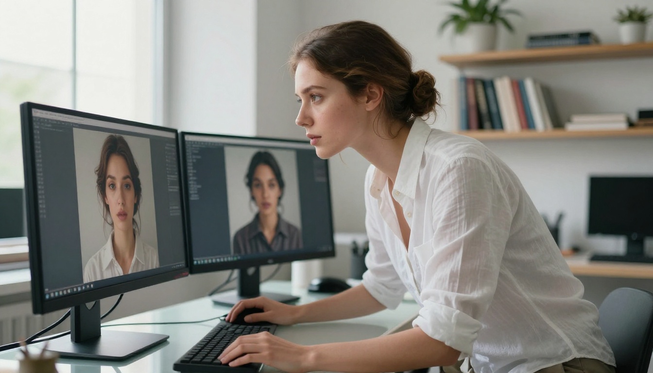 Woman at creative workstation studying AI-generated art on dual monitors
