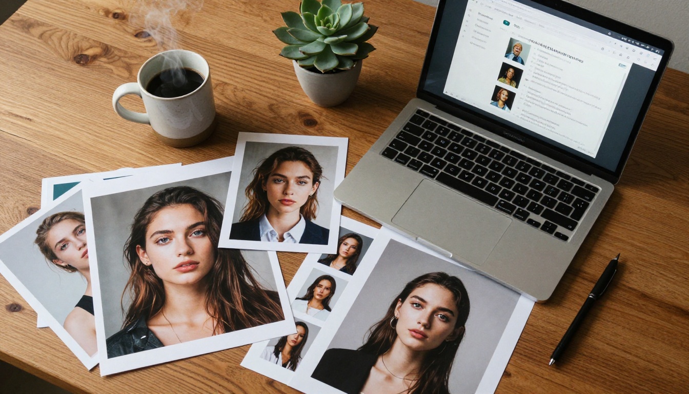 Designer workspace flatlay with AI-generated portrait prints and creative tools on oak desk