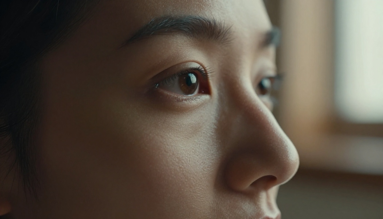 Dramatic chiaroscuro close-up portrait showing fine eyelash detail and natural skin texture under single-window lighting