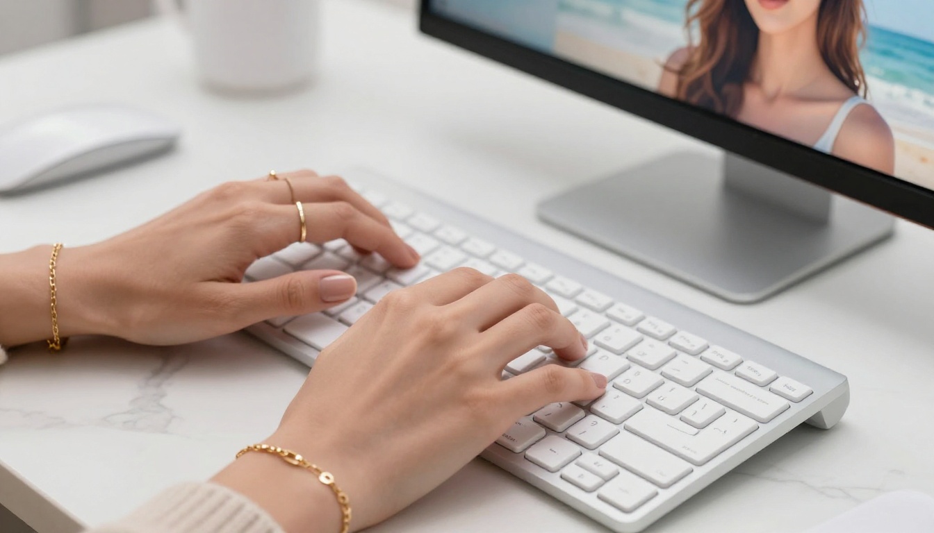 Close-up of elegant feminine hands typing on white keyboard with AI portrait visible in soft background blur