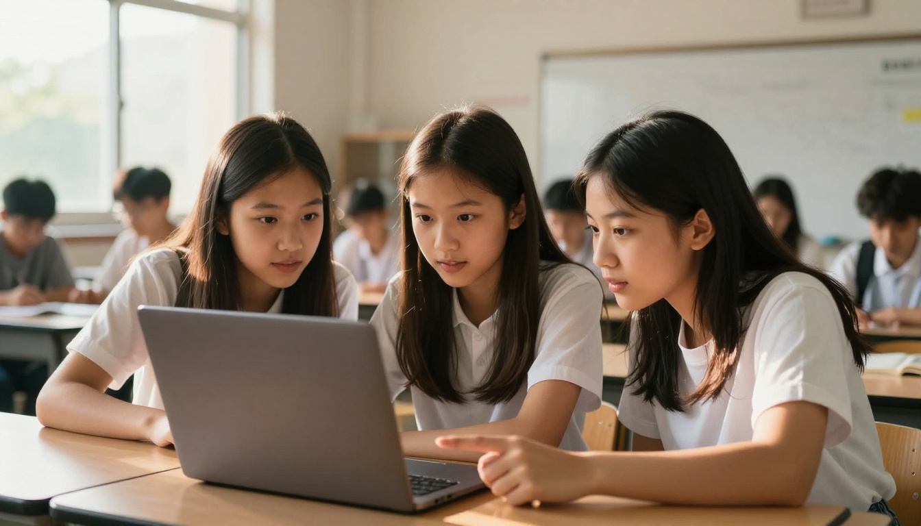 Three students collaborating on a laptop reviewing AI-generated video content Three students collaborating on a laptop reviewing AI-generated video content