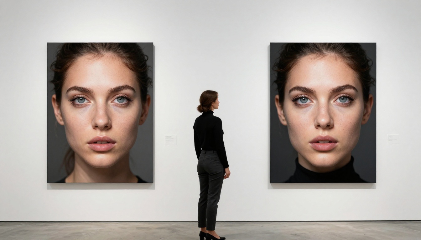 Gallery wall comparison of image quality differences, woman curator in black turtleneck pointing at high-resolution print