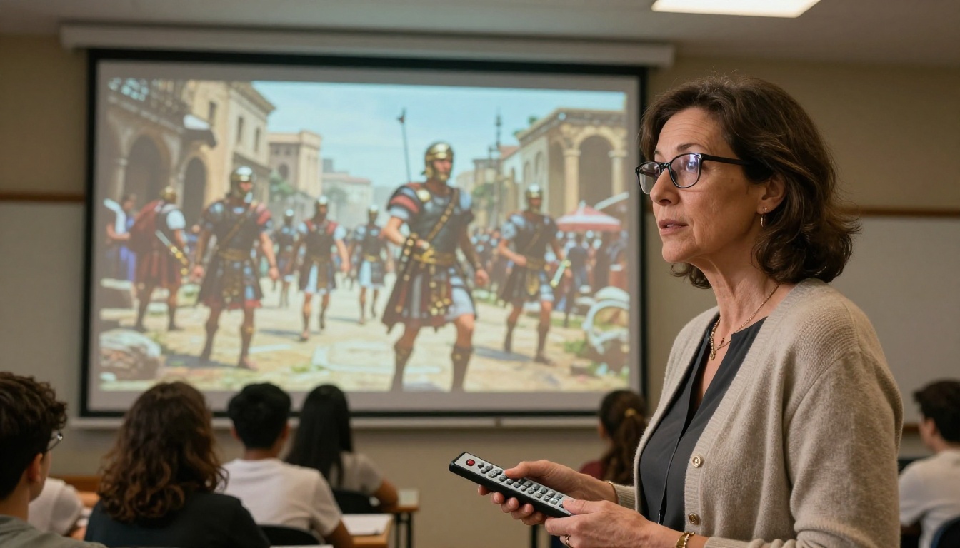 Teacher standing in front of a projector displaying AI-generated historical scene for class Teacher standing in front of a projector displaying AI-generated historical scene for class
