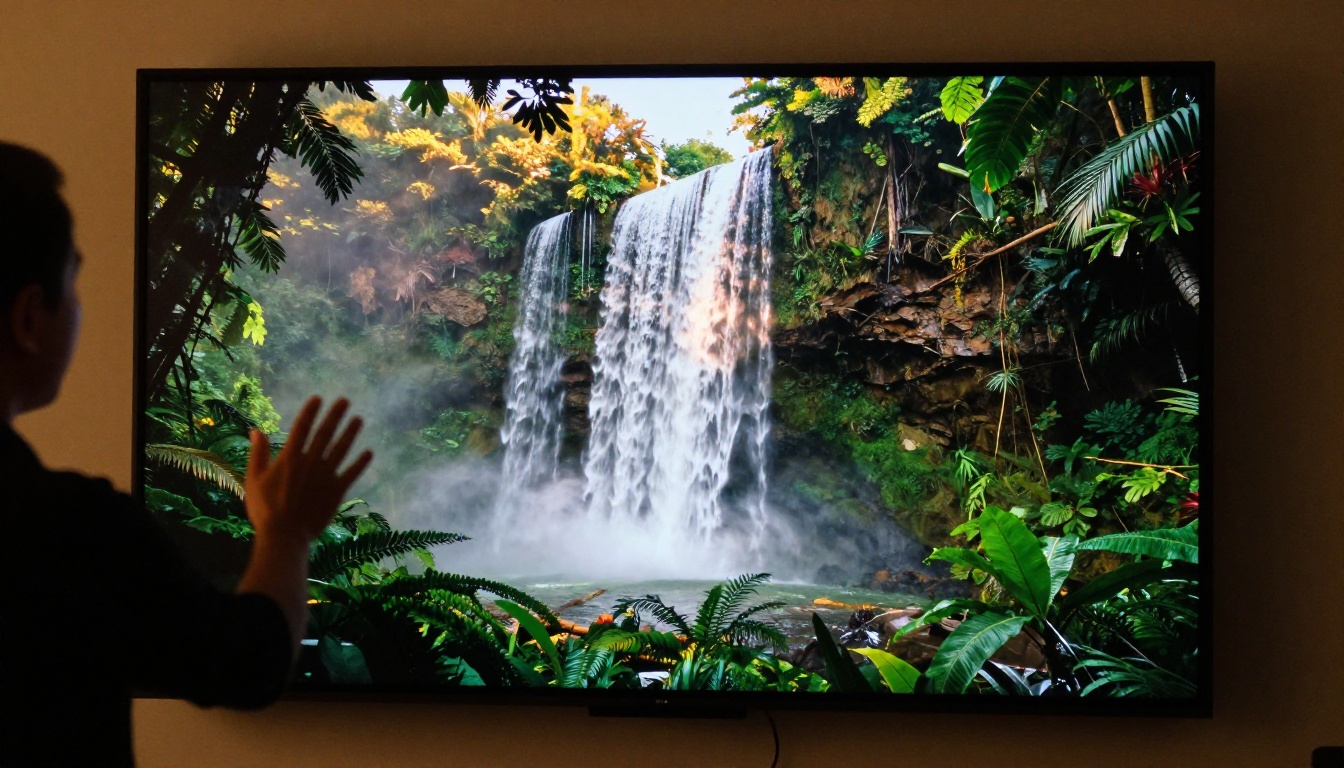 Close-up of smartboard displaying paused AI-generated rainforest video with teacher silhouette