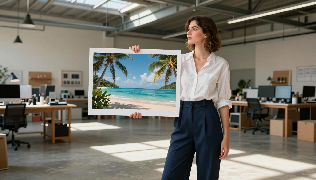 Creative professional woman in design studio with high ceilings holding large printed AI-generated landscape against her chest