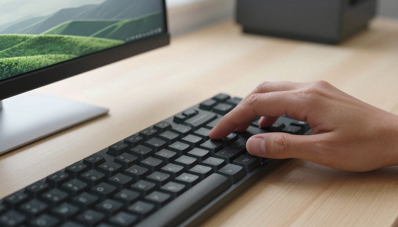 Extreme close-up of hands resting on a mechanical keyboard, a breathtaking AI-generated landscape visible on the monitor in the shallow-focus background