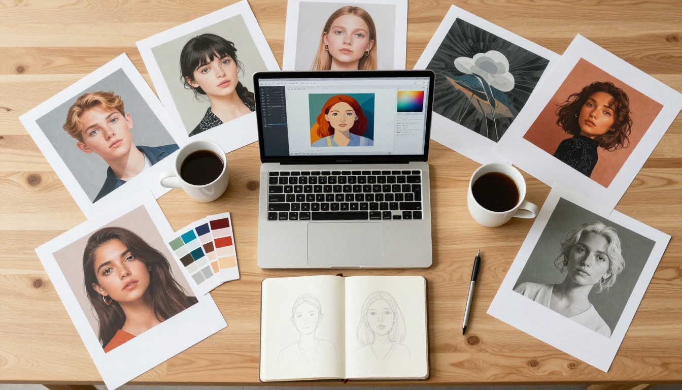 Aerial flat-lay of a creative workspace with printed AI artworks, a laptop, sketchbook and Pantone swatches on a light oak desk