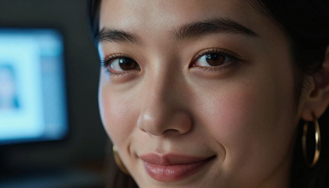 Dramatic close-up portrait of a woman's face half-lit by blue-white computer screen glow in a dark room, chiaroscuro effect