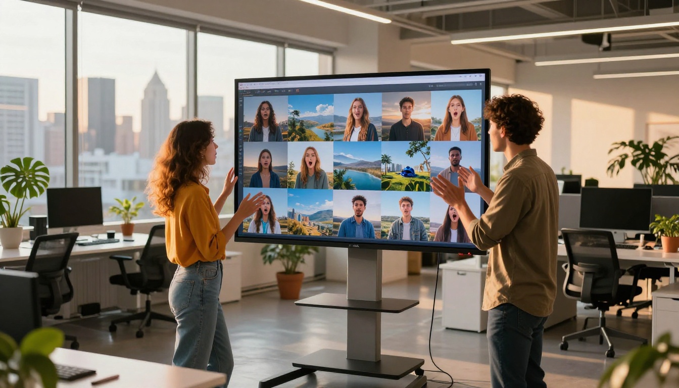 Team of creative professionals gathered around large 4K monitor showing grid of photorealistic AI-generated images, golden hour city view behind them