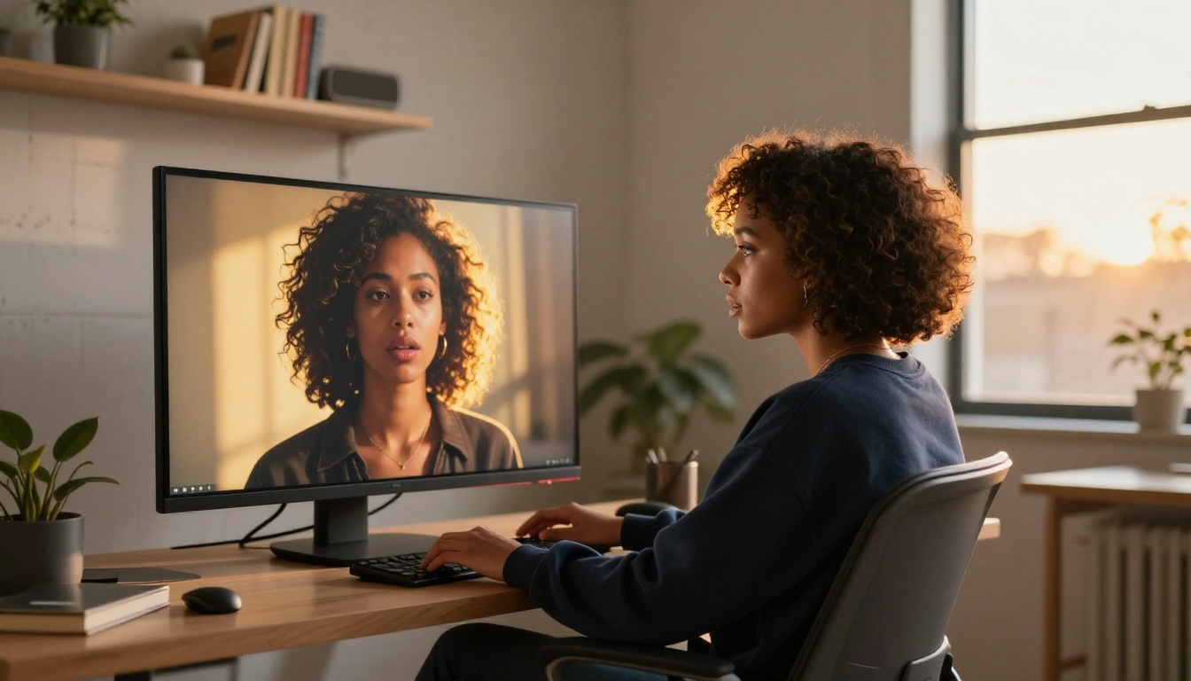 A young woman gazing intently at AI-generated art on a large monitor, warm side-lighting catching the halo of her hair