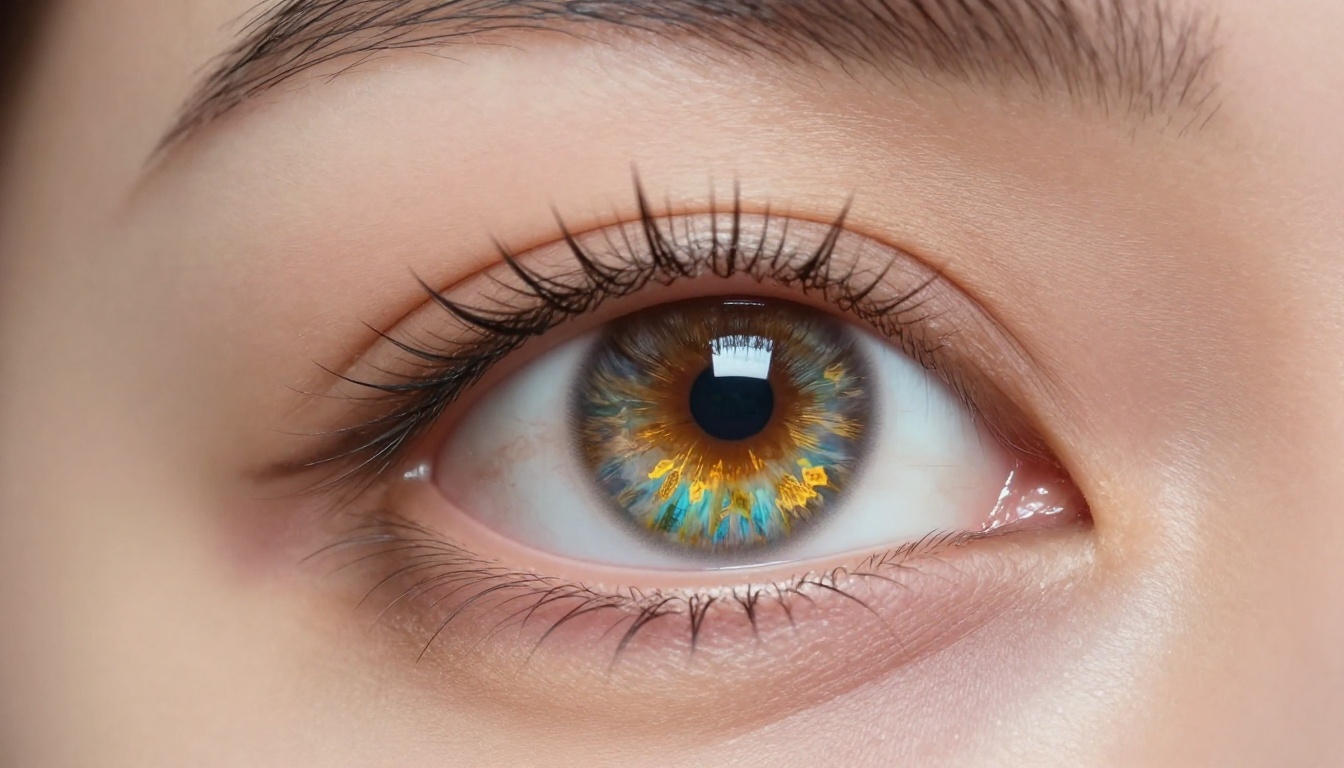 Ultra-close macro photograph of a woman's eye reflecting colorful AI-generated imagery in the iris, individual eyelashes and skin texture in sharp detail