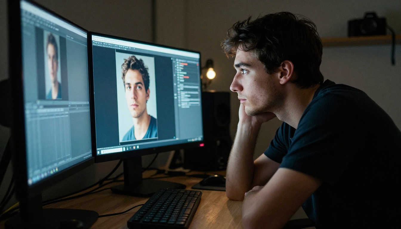 Photographer reviewing AI-generated portrait photos on a professional monitor in a dimly lit studio