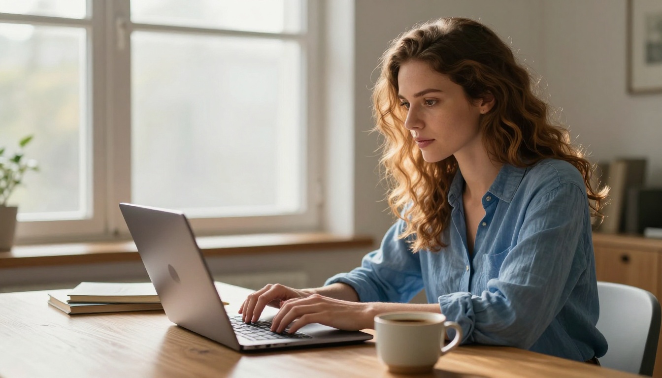 Woman with wavy chestnut hair typing detailed prompts on a laptop in a sunlit home studio