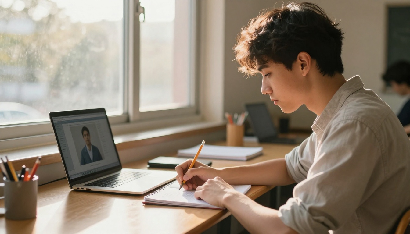 Student focused on writing notes by window with laptop showing AI content nearby