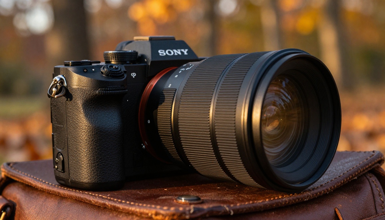 Dramatic low-angle close-up of a Sony 85mm f/1.4 GM lens resting on weathered leather camera bag with autumn bokeh background