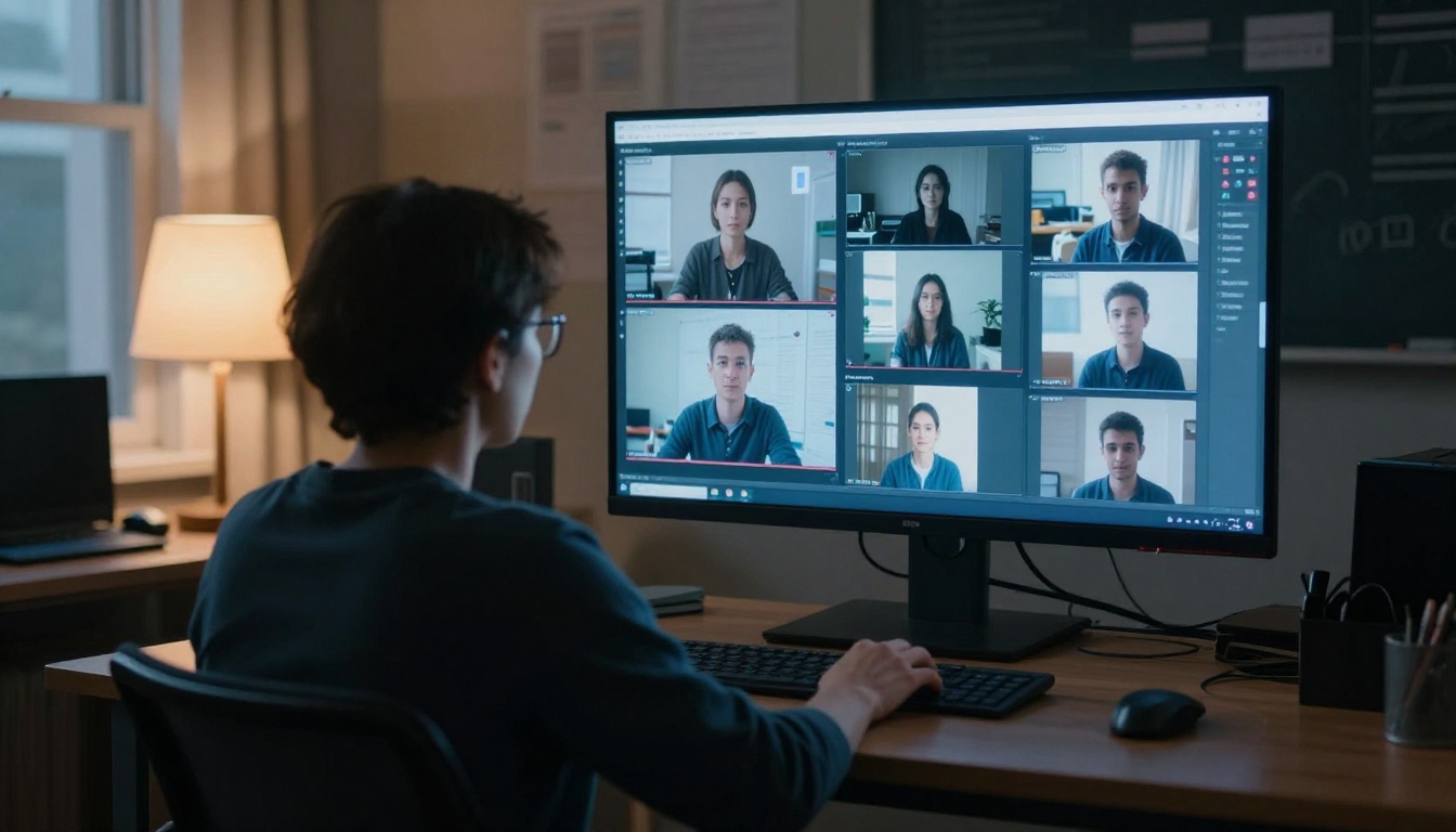 Teacher reviewing AI video content on monitor at desk after school hours