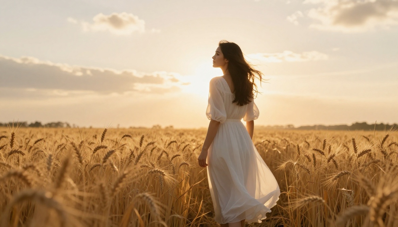 Beautiful woman in white dress standing in a golden wheat field at sunrise, backlit by warm rays creating a natural hair halo