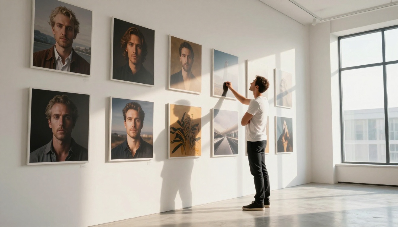 Man standing confidently in front of a gallery wall of printed AI artworks, low-angle wide shot with dramatic directional morning light