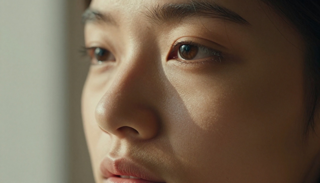 Intimate extreme close-up portrait of a young woman with olive skin, gazing off-camera with a natural expression, individual pores and eyelashes in sharp focus