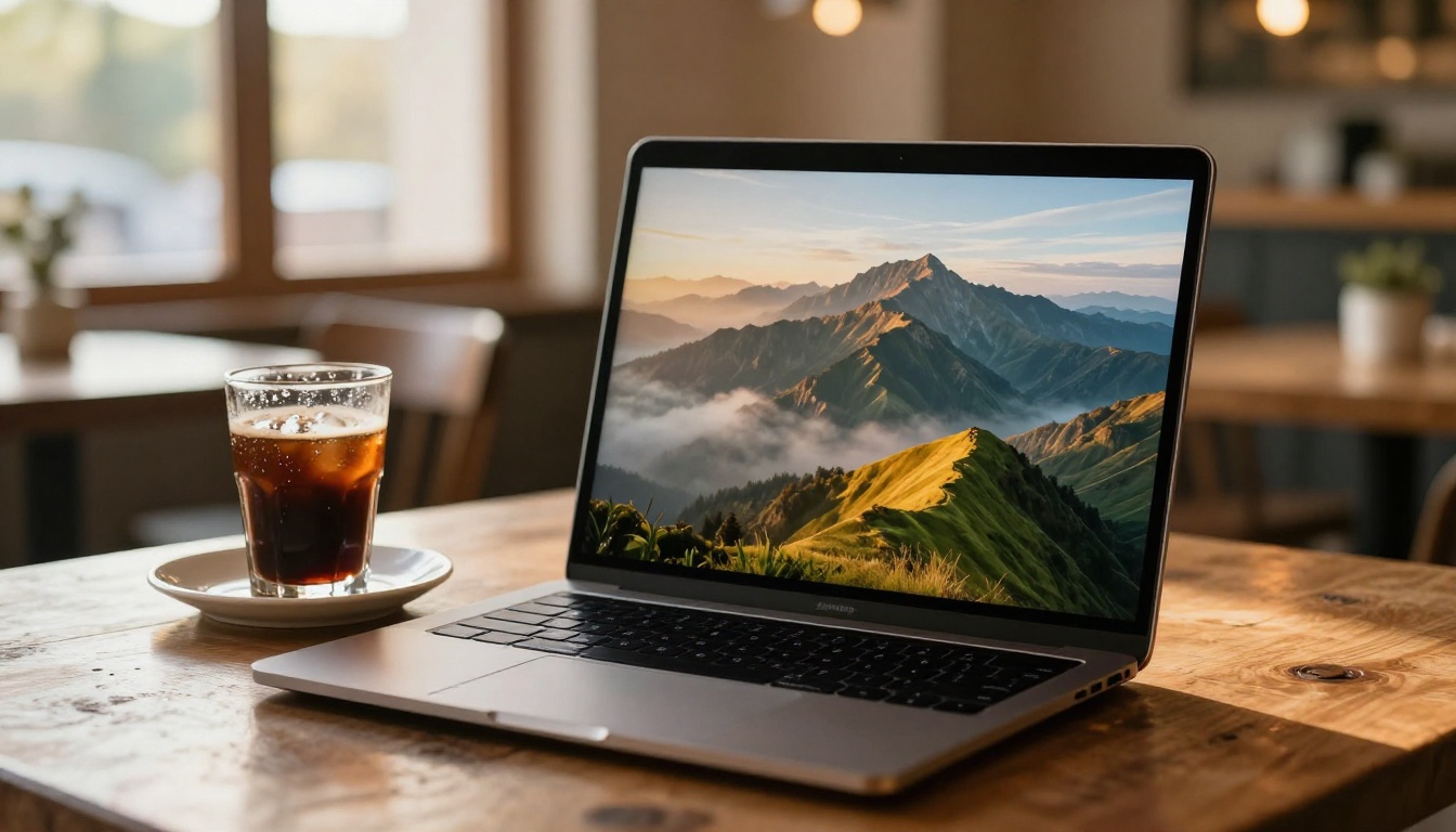 A laptop screen showing a stunning AI-generated golden hour mountain landscape, warm bokeh of a cozy cafe interior in the background