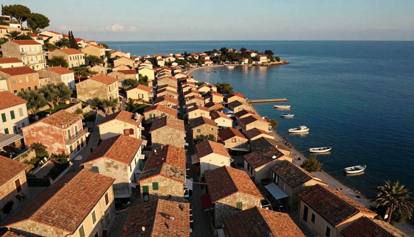 Aerial perspective of a coastal Mediterranean village at golden hour, terracotta rooftops cascading to a turquoise bay with fishing boats