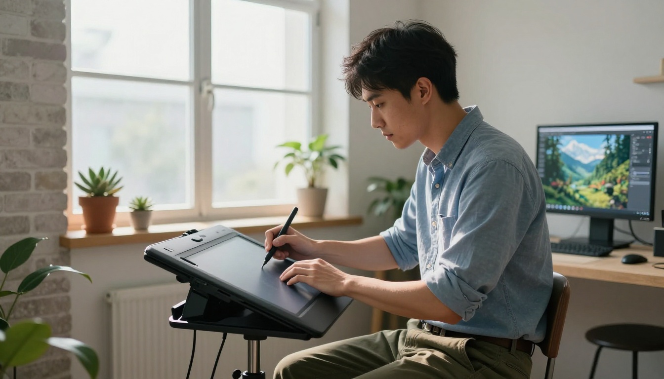 Side profile of a focused artist using a drawing tablet in a bright minimalist studio, crisp afternoon rim light on his shoulder