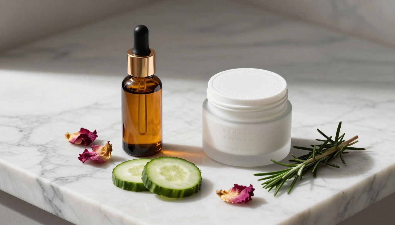 Elegant overhead flat-lay of luxury skincare products on aged white Carrara marble with botanical ingredients and soft studio light