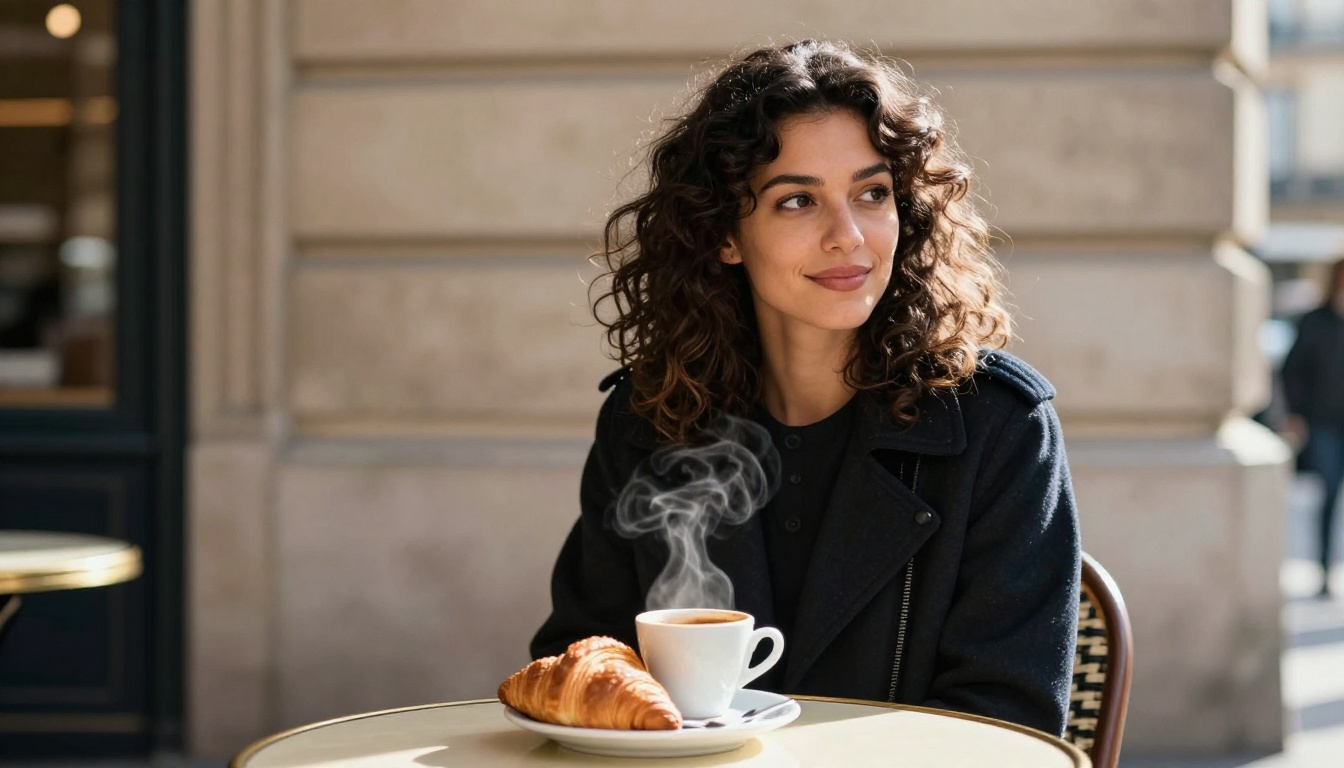 Stylish woman with dark curly hair at a Parisian outdoor café table, morning light catching espresso steam, Haussmann buildings in background bokeh
