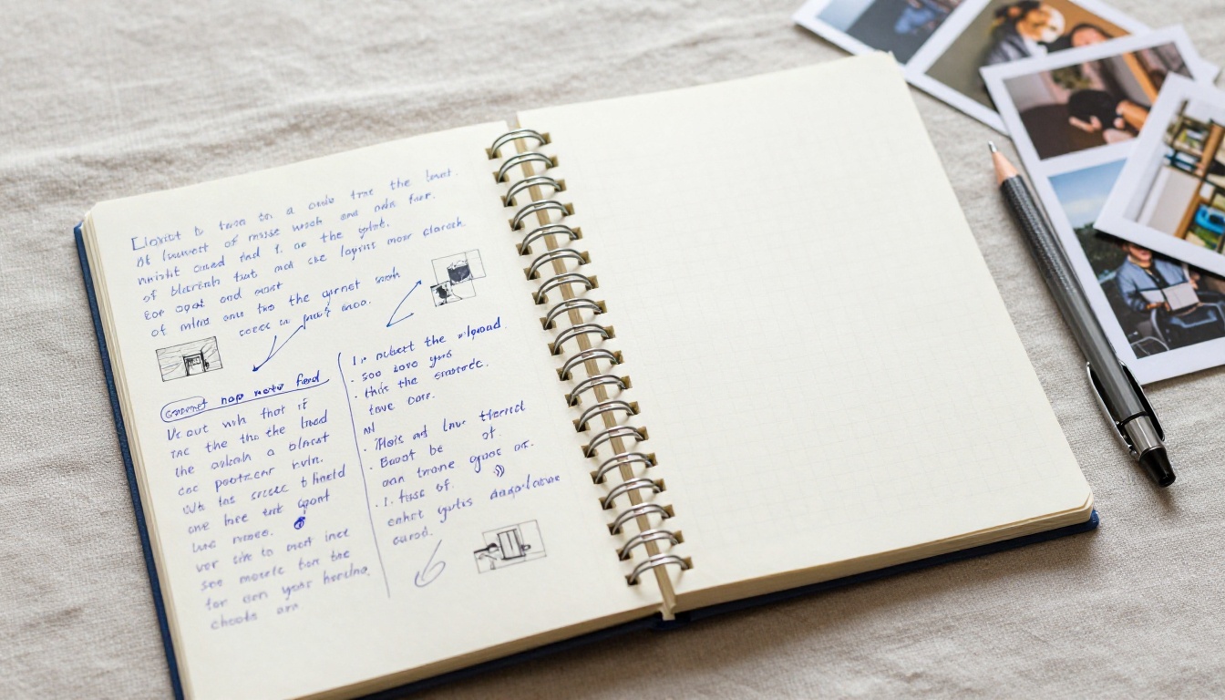 Open notebook filled with handwritten AI prompt notes in blue ink, arrows connecting ideas, with a mechanical pencil and reference photos beside it