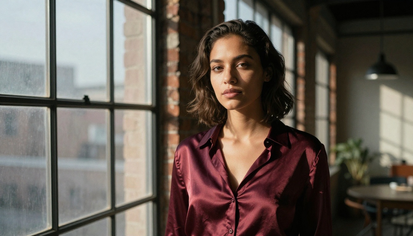 Confident woman with light brown skin in a burgundy silk blouse, standing near an industrial window, hard sidelight sculpting her features