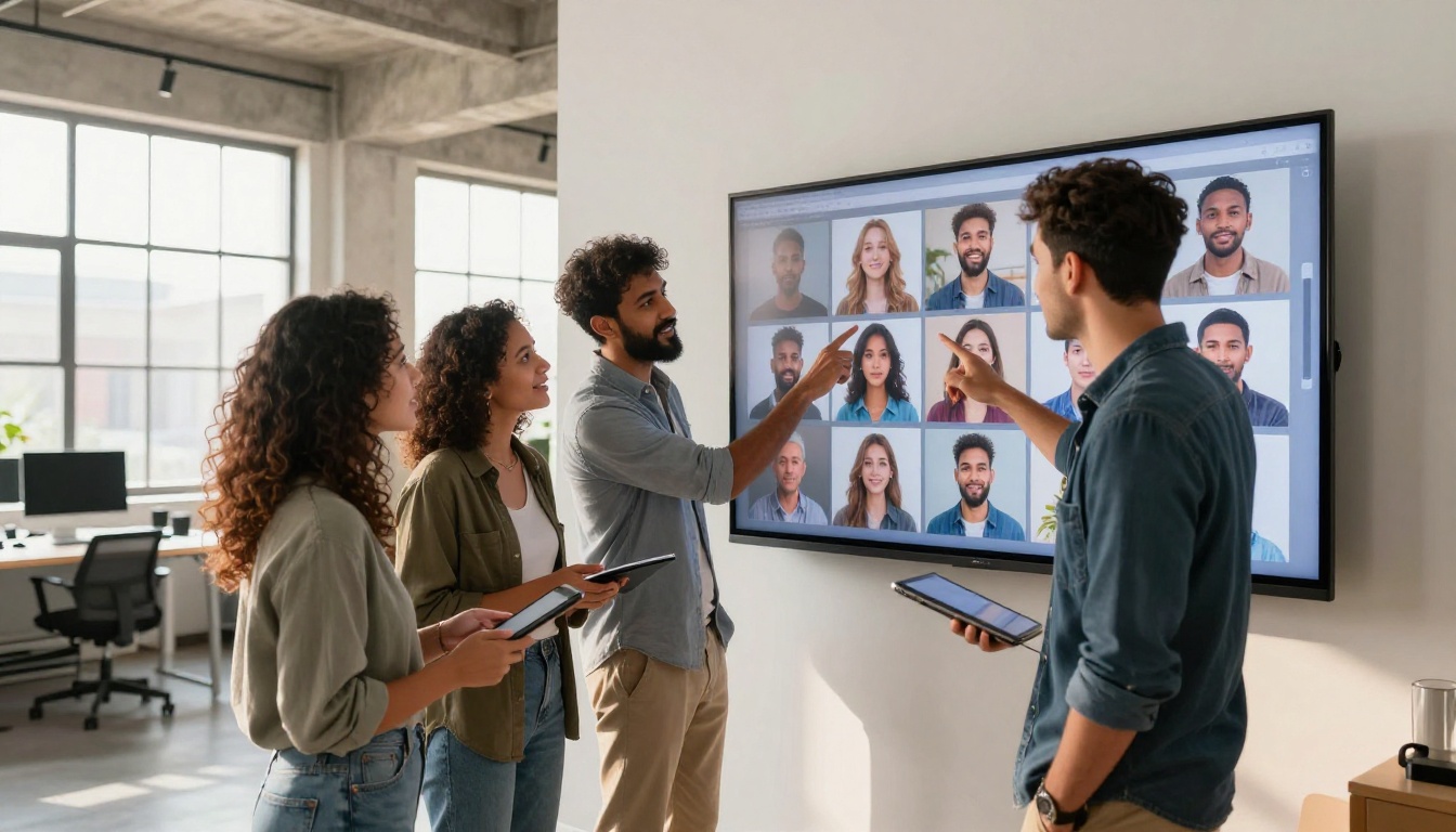 Three young creative professionals gathered around a large screen showing a grid of photorealistic AI-generated portraits, animated and pointing as they discuss