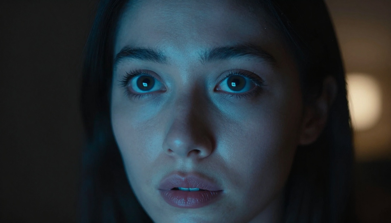 A woman's face dramatically lit by the soft blue-white glow of a monitor in a dark studio, eyes wide with wonder, razor-thin depth of field on her irises