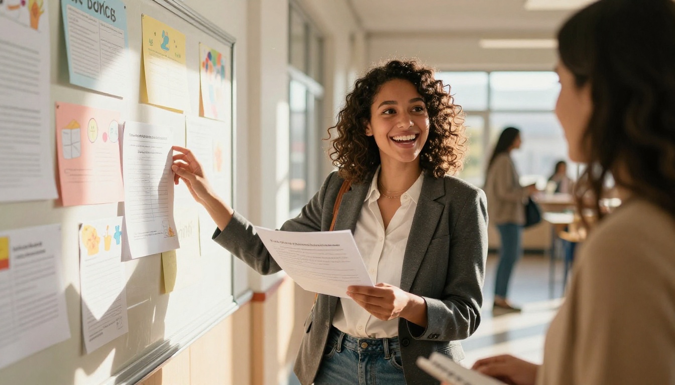 Teacher enthusiastically sharing AI lesson plans with colleague in bright school hallway