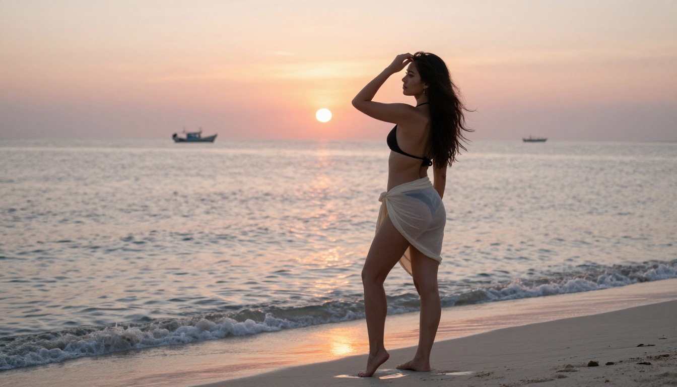 Woman at beach at dawn in ivory sarong and black bikini, sunrise light Woman at beach at dawn in ivory sarong and black bikini, sunrise light