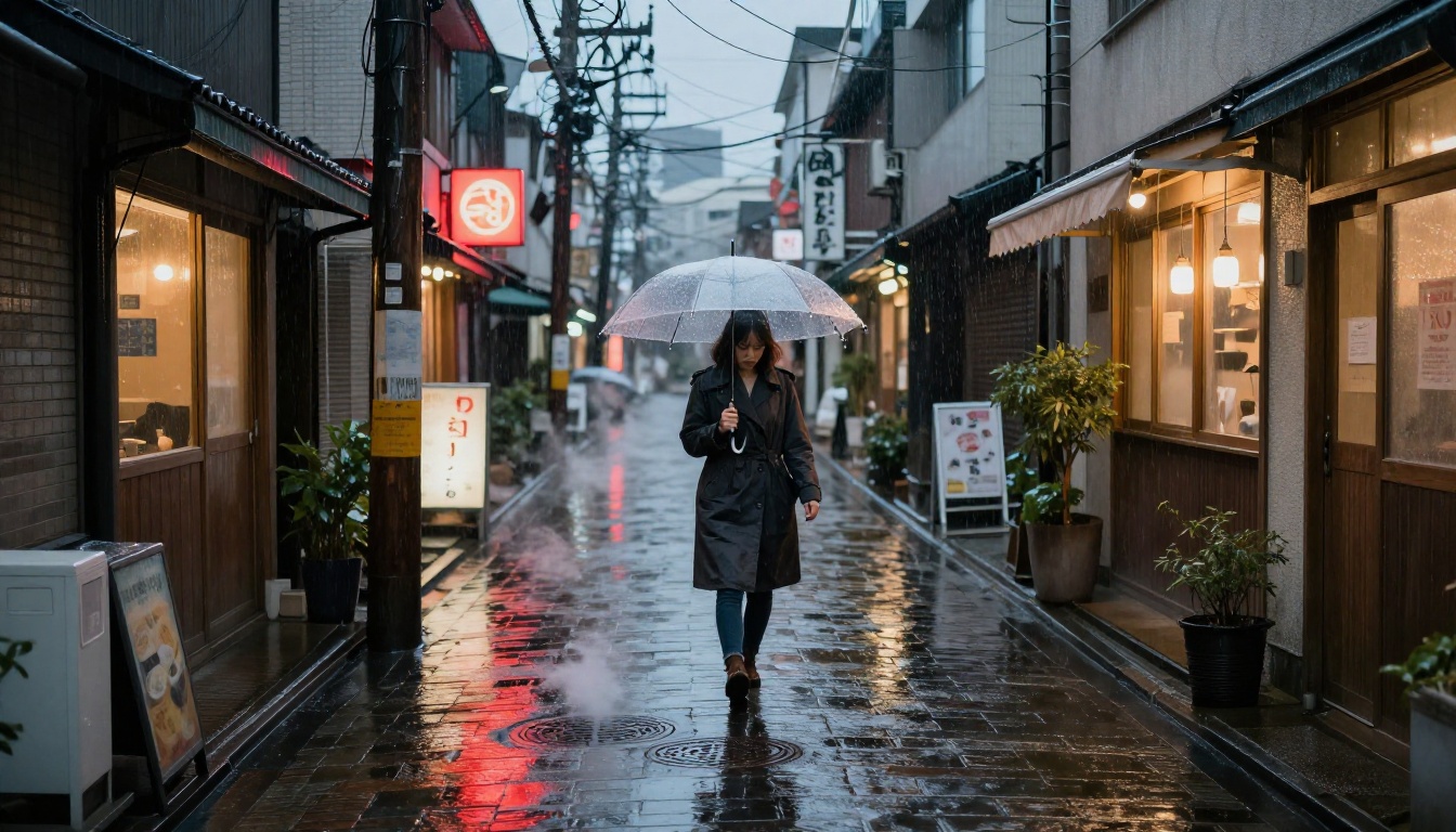 Photorealistic wide-angle blue-hour Tokyo rain street scene with reflected neon signs in wet cobblestone pavement Photorealistic wide-angle blue-hour Tokyo rain street scene with reflected neon signs in wet cobblestone pavement