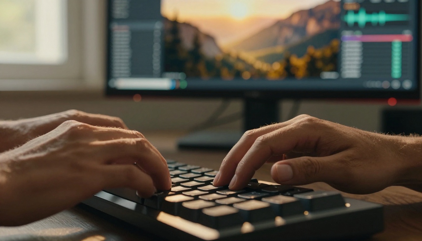 A professional filmmaker typing prompts into a workstation showing AI-generated video footage