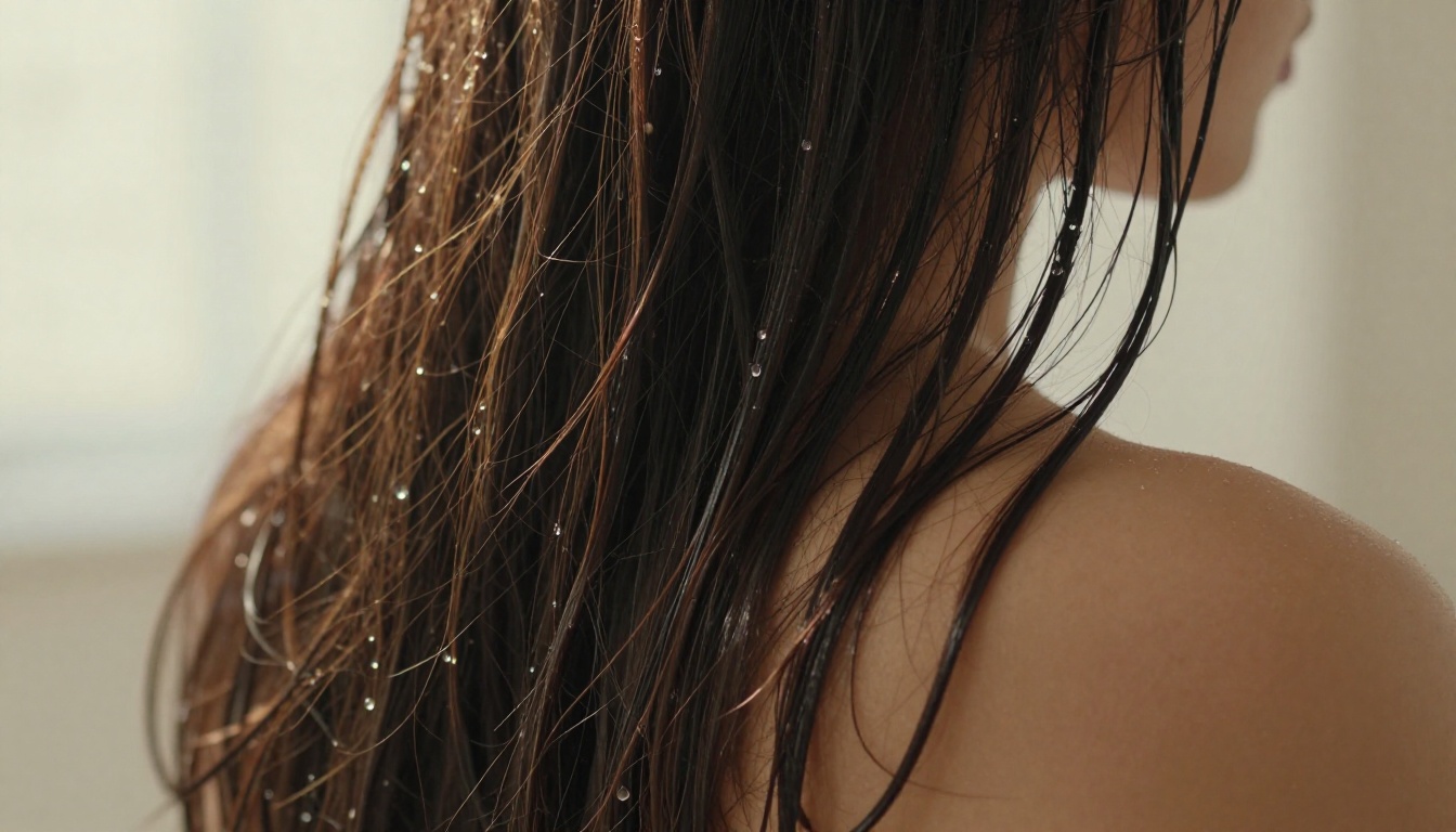 Photorealistic wet hair close-up showing individual strand light refraction and water droplet surface tension on bare skin Photorealistic wet hair close-up showing individual strand light refraction and water droplet surface tension on bare skin