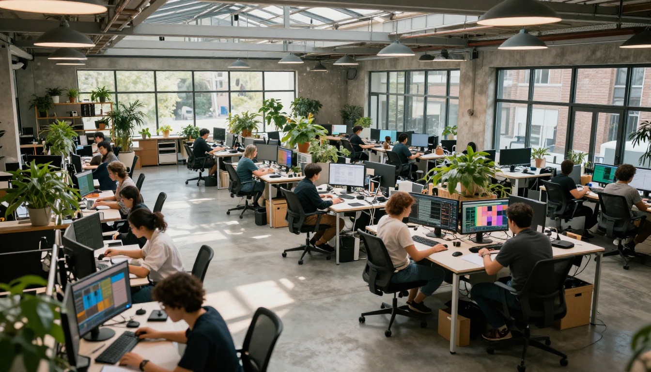Aerial view of a modern creative studio with designers working at video editing workstations
