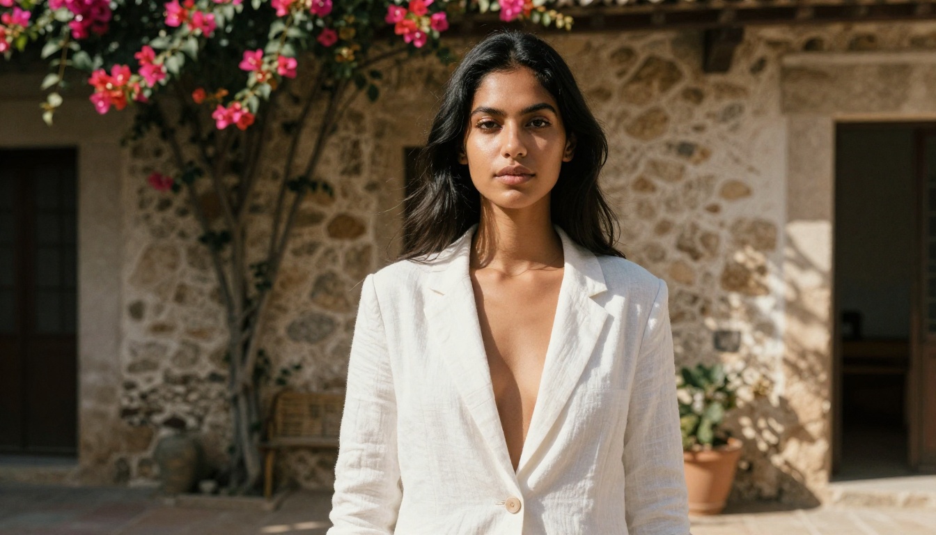 Full-length glamour shot in a sun-drenched outdoor courtyard setting