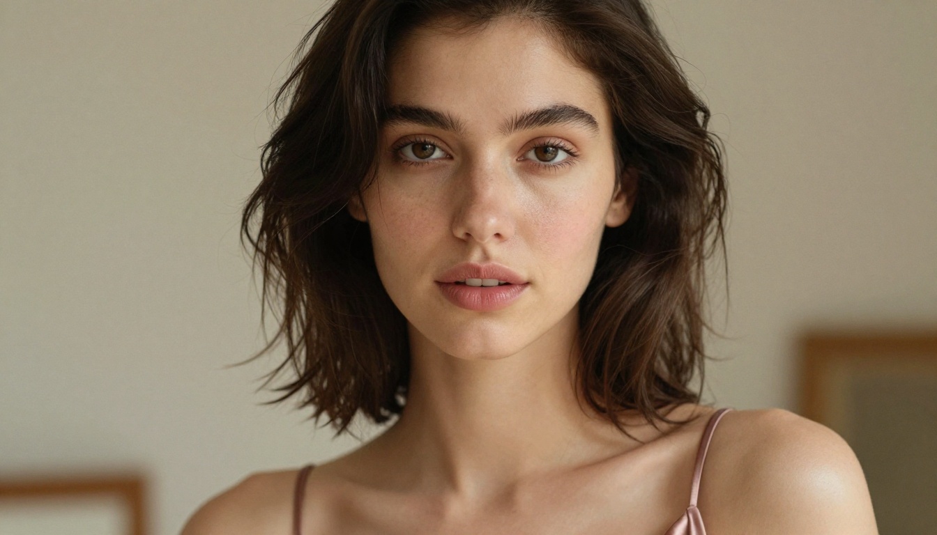 Close-up portrait of woman with confident expression in dusty rose silk top Close-up portrait of woman with confident expression in dusty rose silk top