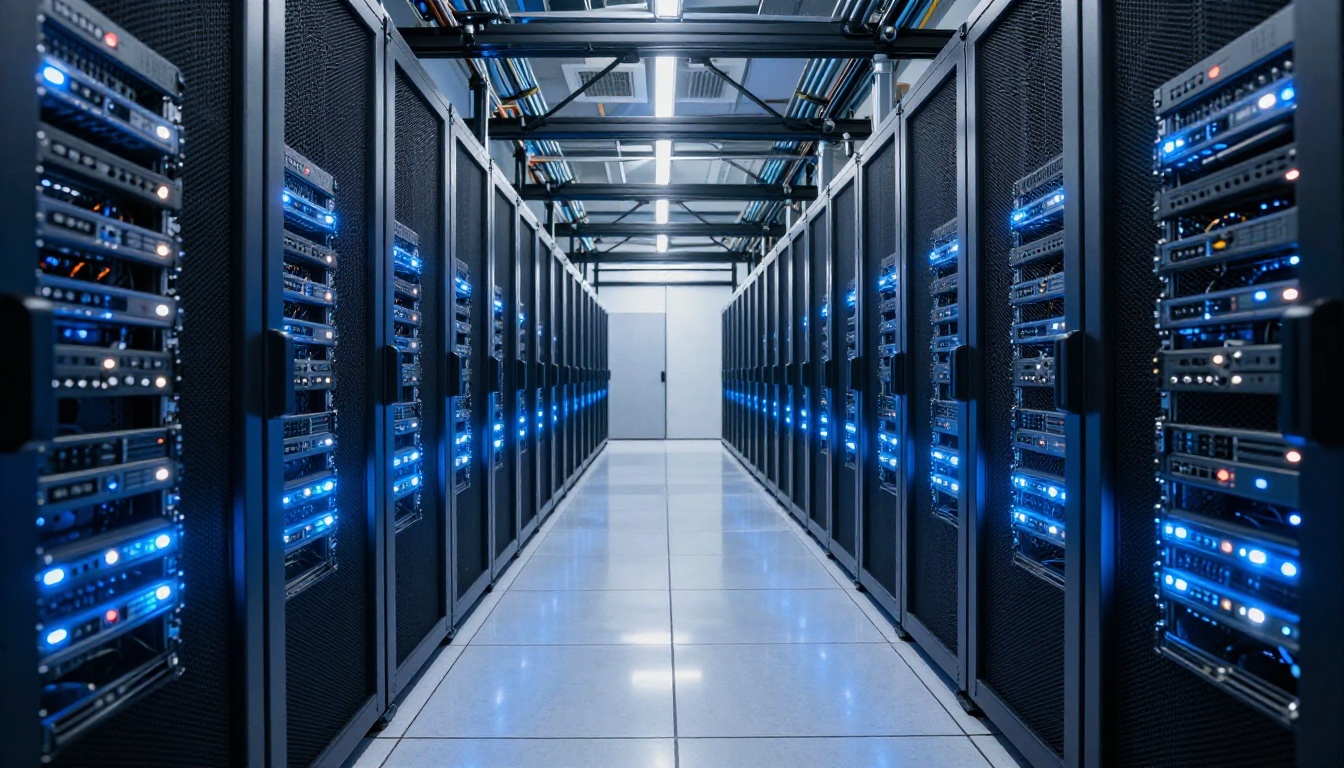 A low-angle view of a Google data center corridor with illuminated server racks stretching into the distance A low-angle view of a Google data center corridor with illuminated server racks stretching into the distance