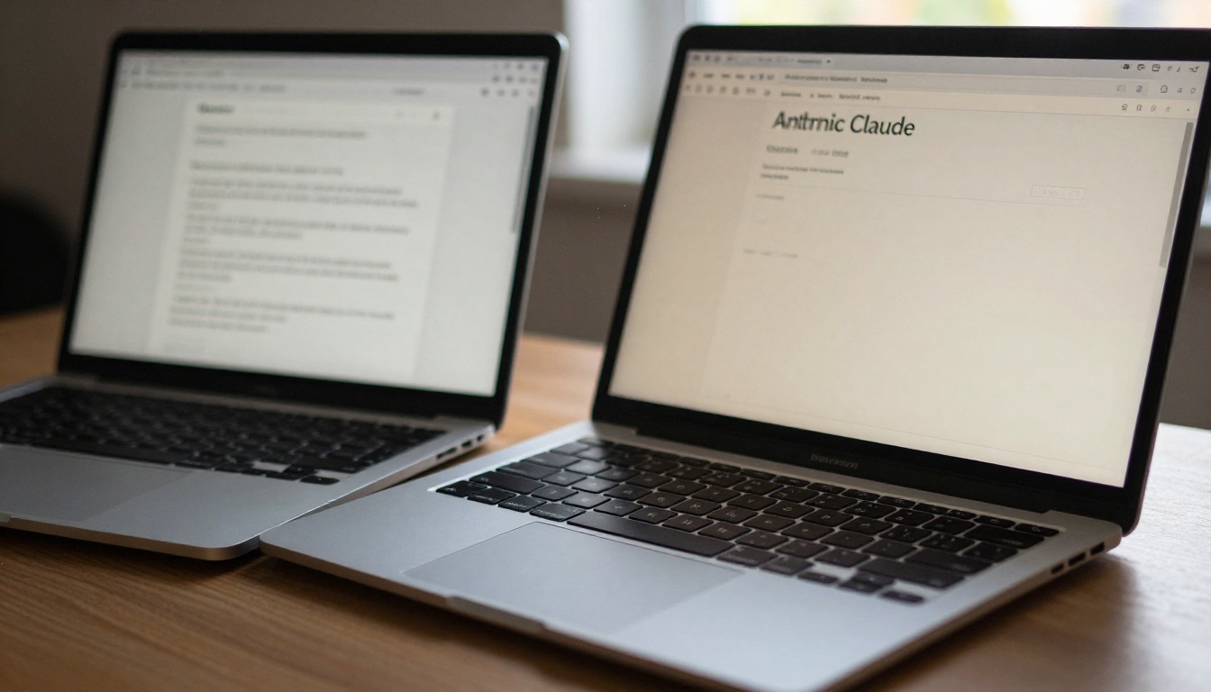 Two laptop screens side by side comparing AI interfaces in a modern office setup