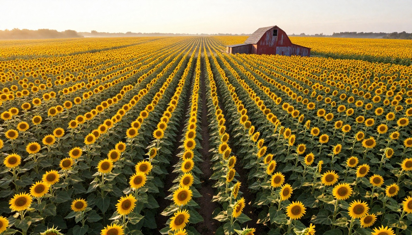 Photorealistic aerial drone view of a sunflower field at golden hour with long raking shadows and visible petal detail Photorealistic aerial drone view of a sunflower field at golden hour with long raking shadows and visible petal detail