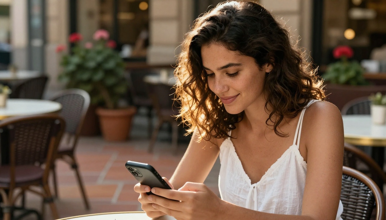 A young woman with dark hair smiling at her phone at a Barcelona cafe terrace in warm golden light A young woman with dark hair smiling at her phone at a Barcelona cafe terrace in warm golden light